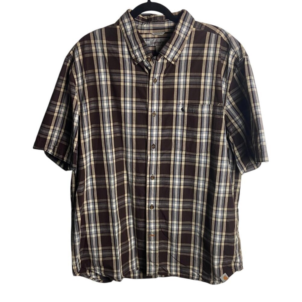 Carhartt Men's Size Xl Plaid Button Down Shirt Relaxed Fit Brown Casual Cotton